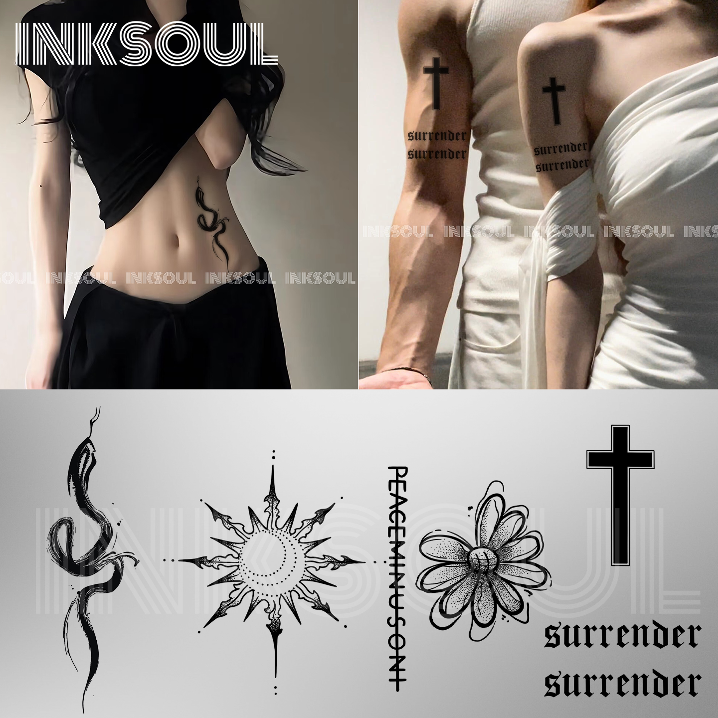 INKSOUL 草本纹身贴欧美情侣十字架潮酷男女ins刺青逼真防搓贴纸
