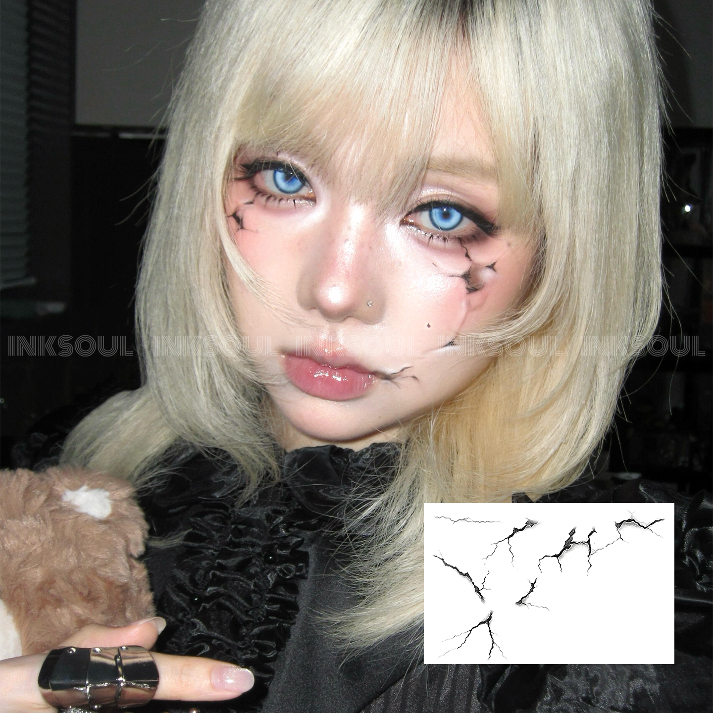 INKSOUL 哥特doll脸贴破碎裂纹妆容纹身贴万圣节暗黑碎瓷感防水贴