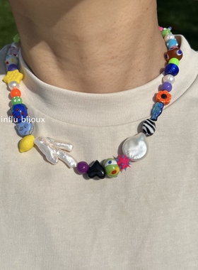 原创设计手工定制 捷克琉璃 异形珍珠多巴胺iancharms中性项链男