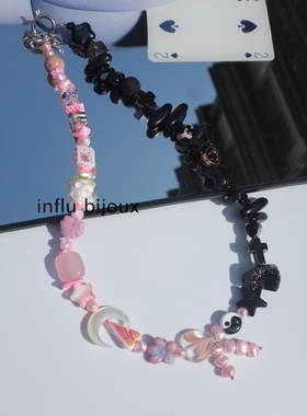 原创独立设计黑粉十字架 手工定制捷克琉璃贝母月亮甜酷项链中性