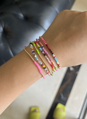 彩虹串珠撞色叠戴波西米亚ins风混搭淡水珍珠ANNI LU同款手链定制