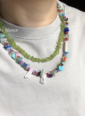 原创小众设计天然石 月光石/橄榄石/黑玛瑙 珍珠项链男嘻哈女同款