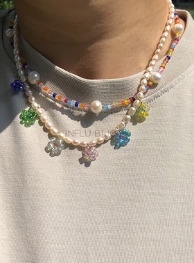 夏天的小花ninfa 天然淡水珍珠可爱彩色handmade琉璃樱桃锁骨项链