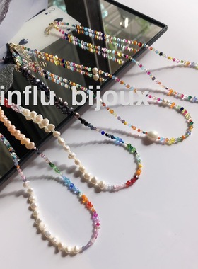 定制北欧小众Anni lu同款彩虹色天然半宝石切面玻璃珠串珠项链