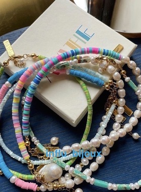 欧美小众设计定制MATHE 海洋度假风天然珍珠项链五彩荧光色系海螺