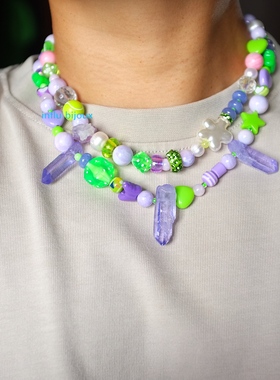 原创小众设计天然紫水晶原石柠檬荧光绿蝴蝶骰子Y2K叠戴珍珠项链