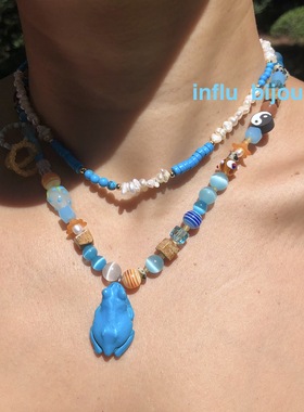 原创小众设计手作卡其棕蓝蛙大地色系太极琉璃石男项链yingyang