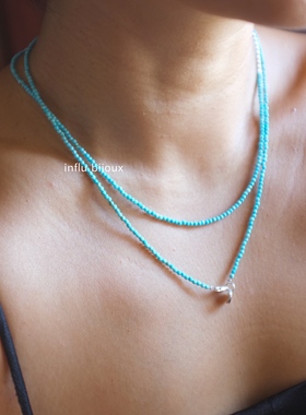 手作原矿无优化绿松石星砾迷你宝石串珠双层项链送礼s925纯银长款