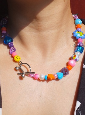 原创多元素小众设计感紫橘色捷克琉璃珍珠琉璃童趣中性项链ins男