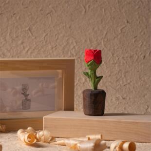 一朵永不凋谢的玫瑰花手工小木雕桌面摆件装饰情人节礼物