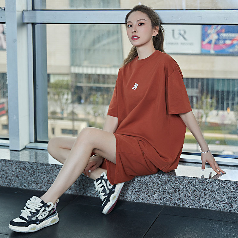 纯棉跑步运动套装女夏薄款晨跑服时尚宽松遮肉短袖T恤速干健身衣