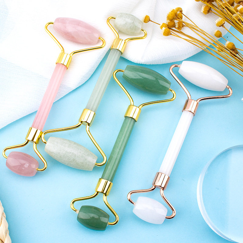 粉晶脸部按摩器滚轮粉晶天然玉石女手动玉推提拉紧致美容神器滚珠