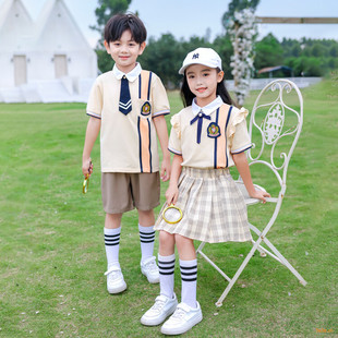 2025新款夏季开学季男女童学院风套装时尚百搭短袖格子裙裤两件套