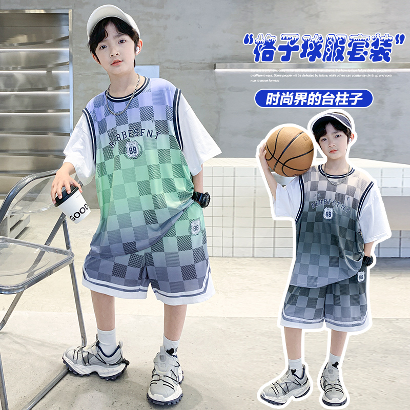 2025新款夏季时尚格子球服套装男女童运动休闲短袖短裤两件套潮