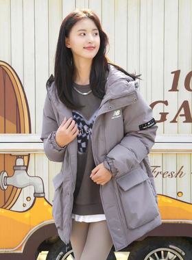 NewBalance印花logo拉链中长连帽中长款羽绒服灰色AMJ23341-ZNC