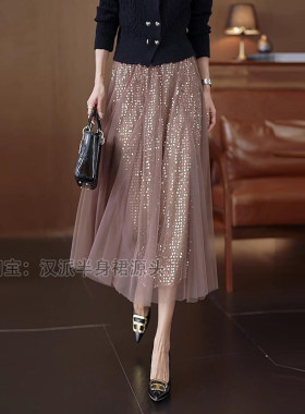 黑色网纱裙女中长款高腰蓬蓬裙