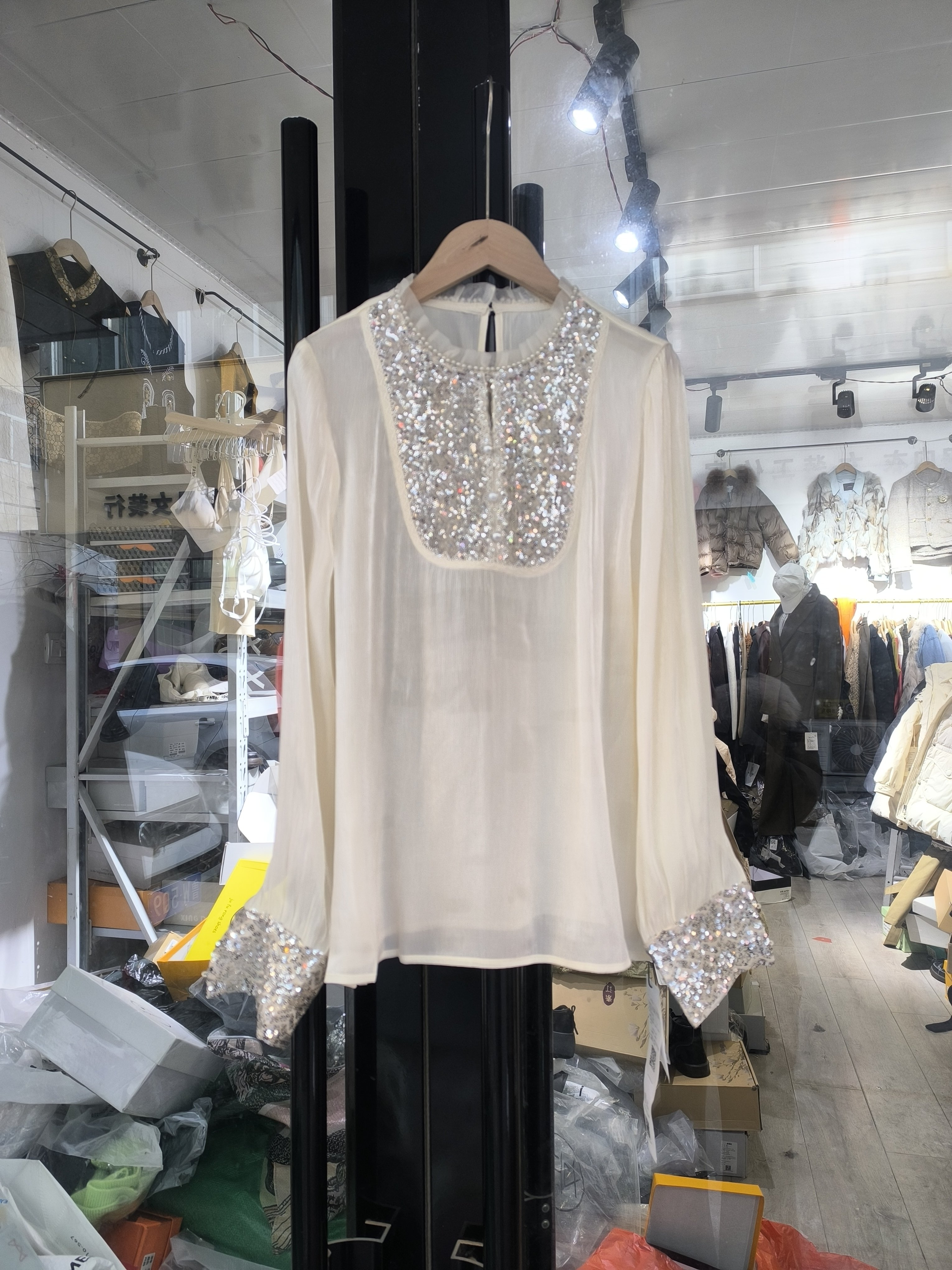 2025春秋新款韩版时尚百搭显瘦亮片拼接长袖衬衫女设计感小众上衣