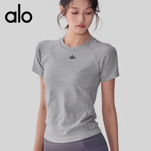 AIo健身女圆领弹力瑜伽服短袖透气速干跑步T恤夏修身显瘦运动上衣