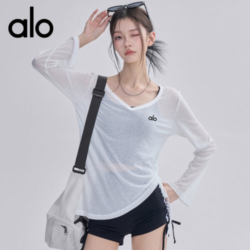 AIo V领显瘦运动T恤长袖罩衫女抽绳宽松普拉提训练上衣健身三件套