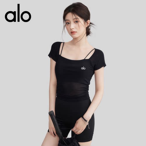 AIo瑜伽服女2025新款高级感网纱运动上衣性感显瘦健身短袖训练服