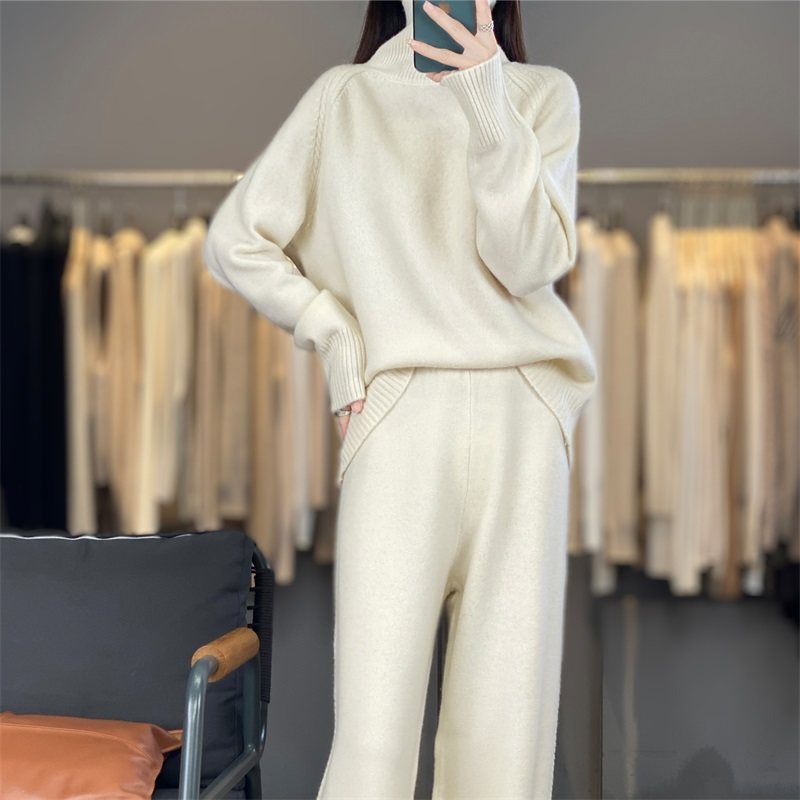 2025秋冬新款100%纯羊绒衫女高领毛衣阔腿裤两件套宽松针织套装