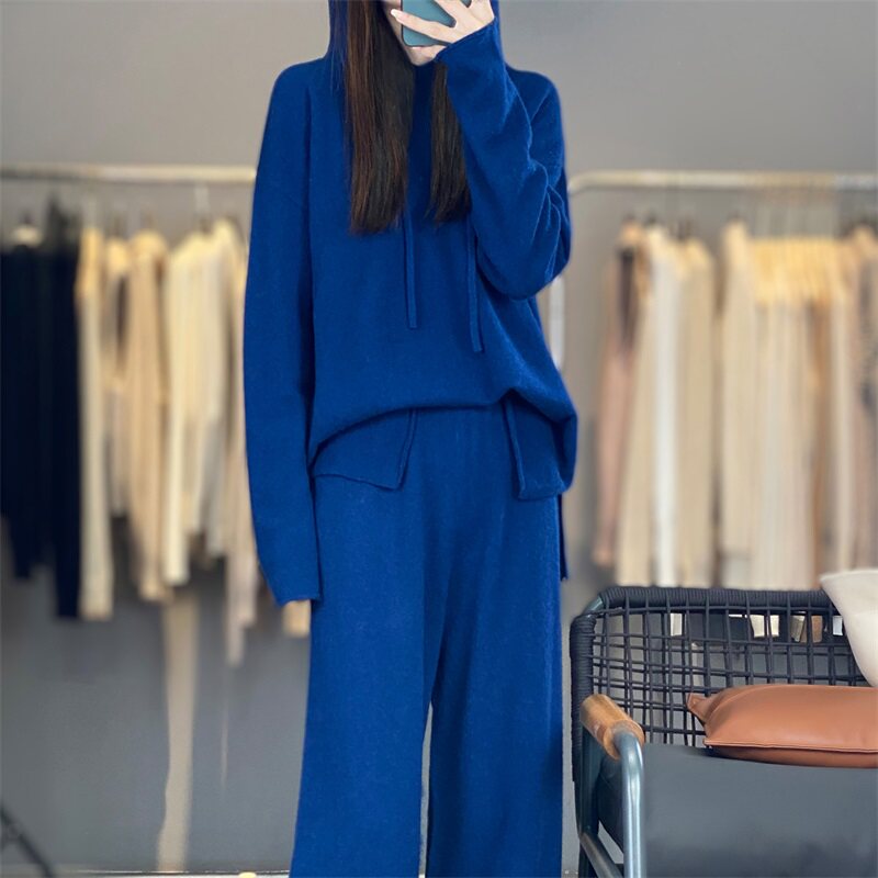 2025秋冬新款100%纯羊绒衫女连帽加厚宽松慵懒风针织毛衣套装