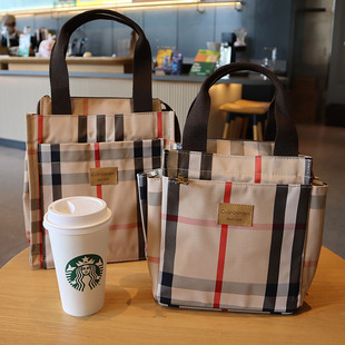 防水牛津布时尚格子拉链手提袋妈咪包便当包手拎遛娃包饭盒袋