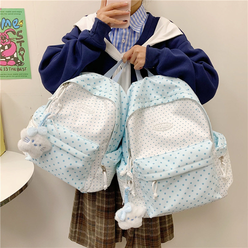 韩版ins小清新波点双肩包简约百搭学生书包女时尚休闲大容量背包-