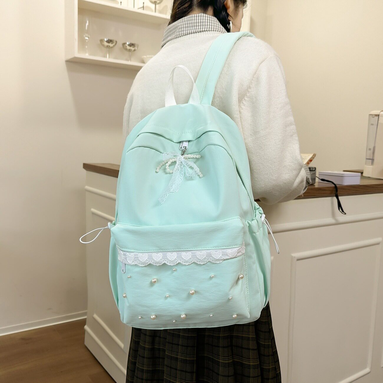 校园初中高中生甜美少女蕾丝珍珠双肩包女学生书包大容量轻便背包