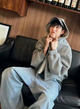 现货1300克超重磅单品24ss 灰色双环廓形拉链连帽卫衣bomber外套