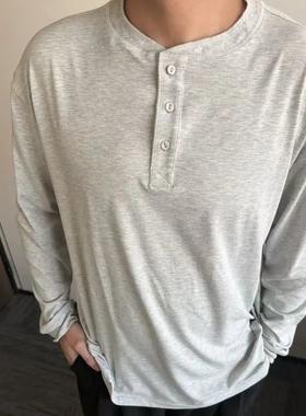 ROW风花灰色薄款轻薄高织弹力宽松亨利领长袖松弛感老钱打底极简