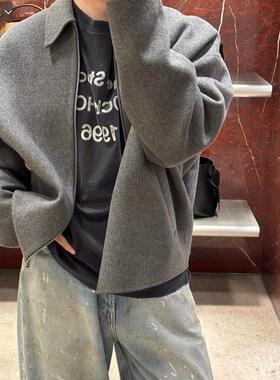 自主 双面高克重翻领燕麦色黑色灰色宽松休闲羊毛夹克外套男女