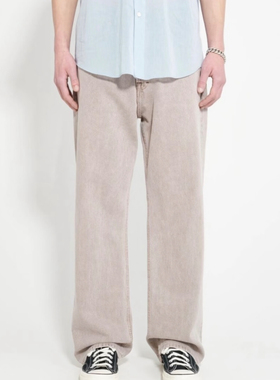 BV风格18盎司重磅纯棉进口面料自主米灰色水洗宽松直筒牛仔裤老钱