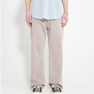 B风格18盎司重磅纯棉进口面料自主米灰色水洗宽松直筒牛仔裤老钱