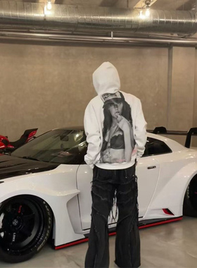 自主CH风格限定白粉人像印花帽衫 宽松休闲白色连帽卫衣男女