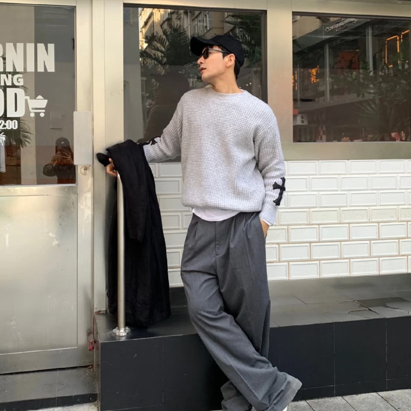 CH 100%羊绒真皮十字自主高端灰色华夫格针织衫毛衣套头女男宽松