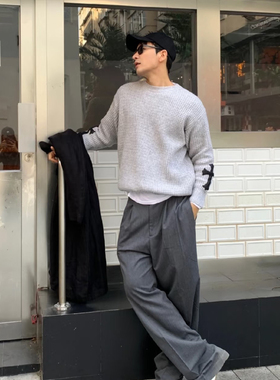 CH 100%羊绒真皮十字自主高端灰色华夫格针织衫毛衣套头女男宽松