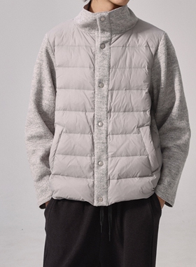 LEM轻薄款灰色羊毛拼接立领鹅绒羽绒服纽扣夹克外套保暖秋冬