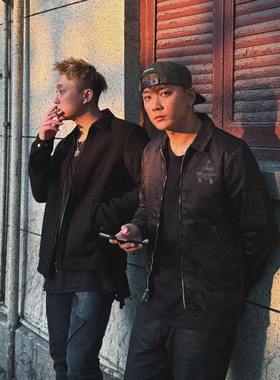 自主风格 三十字架黑色拼皮工装夹克 925 银扣拉链棉服外套夹克