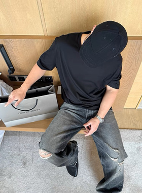 CE风格 2024FW 刀割洗水破坏蓝色黑色宽松休闲长裤牛仔裤