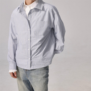 自主AC风格 假两件条纹衬衫纯棉长袖翻领宽松休闲衬衣男女