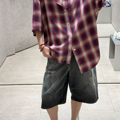 自主AC风格25SS 1996红色格纹贴布短袖宽松休闲衬衫男女同款