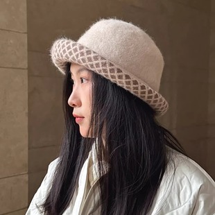 妈妈款中老年盆帽秋冬保暖圆顶帽兔毛精致卷边小礼帽女士优雅精致