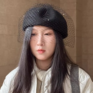 拍照好看显脸小秋冬黑色帽子高级感网纱带钻女士羊毛贝雷帽礼帽