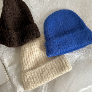 保暖冬季女士糖果色浅蓝色羊毛混纺粉色克莱因蓝色毛线帽针织帽