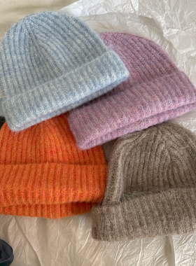 针织帽保暖显脸小冬季帽子羊驼毛女士浅蓝色橙色粉紫色毛线帽
