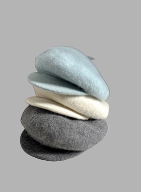 浅蓝色灰色精致洋气贝雷帽秋冬兔毛白色显脸小画家帽报童帽鸭舌帽