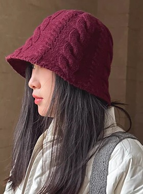 水桶帽盆帽时髦红色米色可折叠帽秋冬女士羊毛针织麻花复古渔夫帽