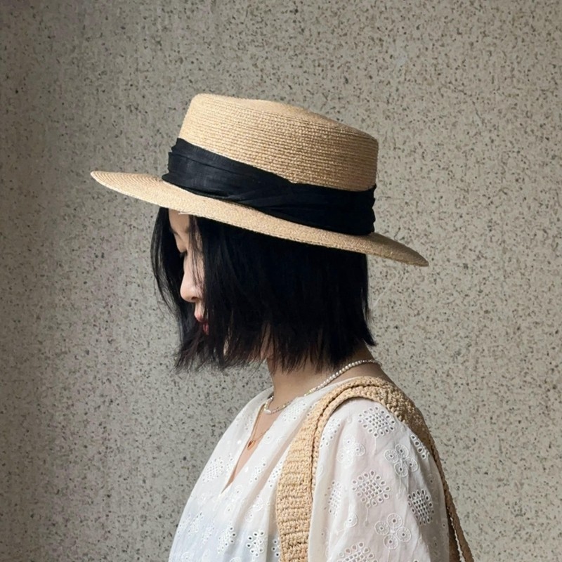 踏春真丝麻高级感女士遮阳防晒帽手工拉菲草精致平顶平沿草帽出游