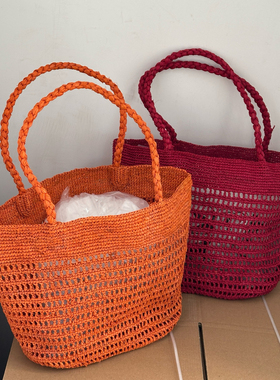 橙色红色镂空女士单肩包草编包拉菲草手工编织包洋气夏季沙滩包